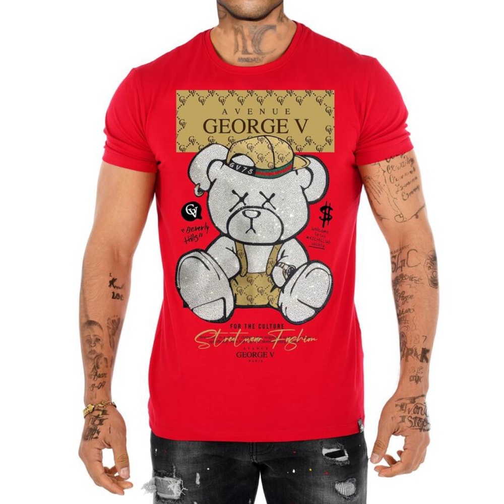 George V Red Graphic T-Shirt Men Diamond Rhinestones